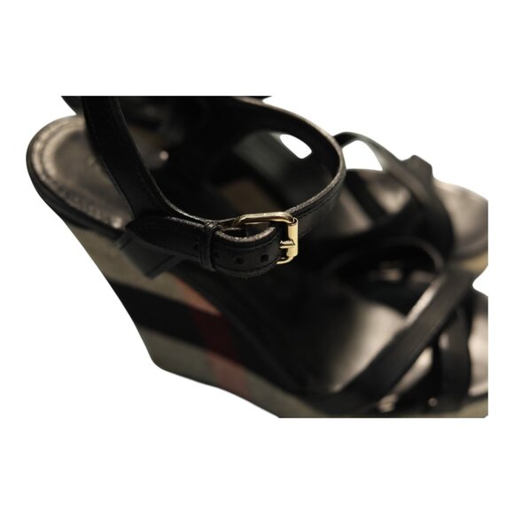 Burberry Black Leather Signature Check Wedges Platform Strappy Sandals Shoes 40 - Picture 9 of 10